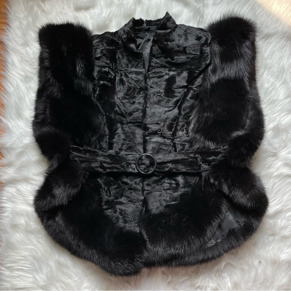 Womens AVANT GARDE Luxury Fox Fur Belted Vest, Satin Lined